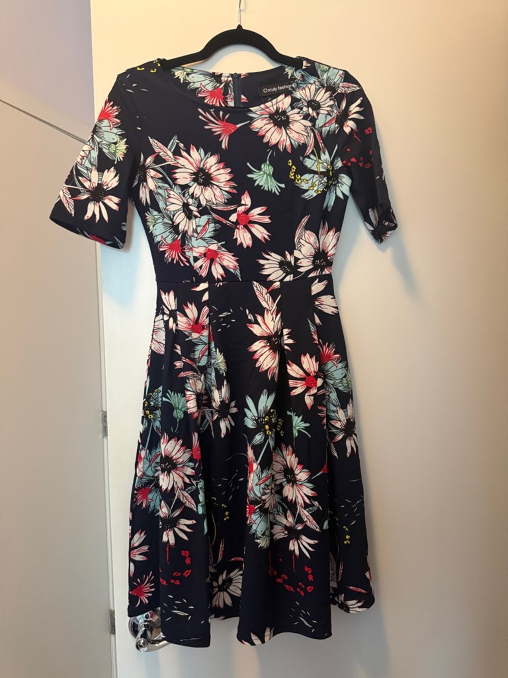 Stylish Navy Floral Fit & Flare Dress -